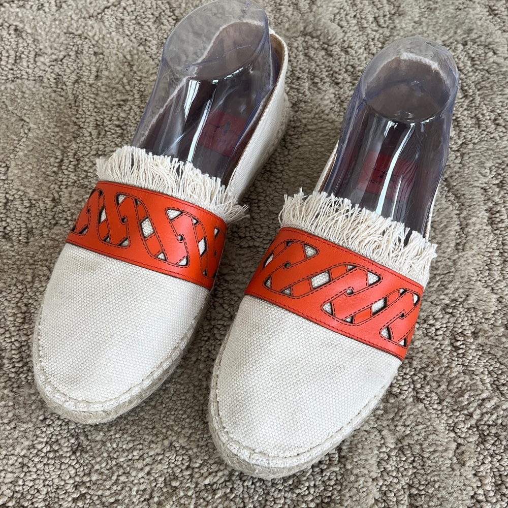 Aquatalia Cream Espadrille Mules with Orange Accent